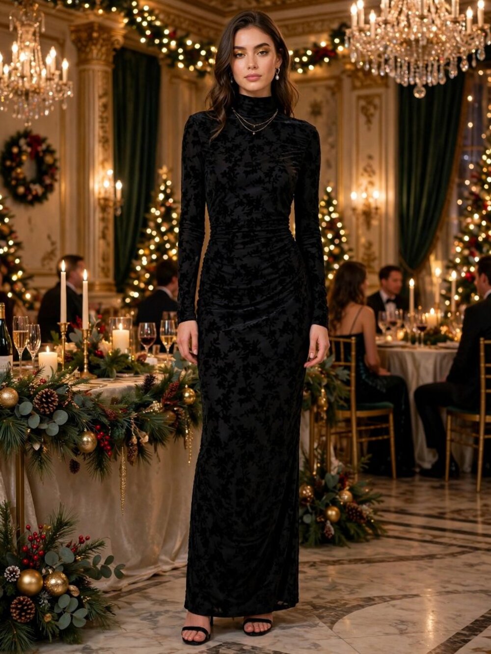 Belle Badgley Mischka Black Burnout Velvet Ruched Maxi Gown NWT Size 4